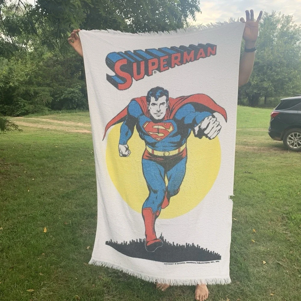 VTG 1970s DC Comics Superman White Decorative Beach Towel 34x54 Used Condition